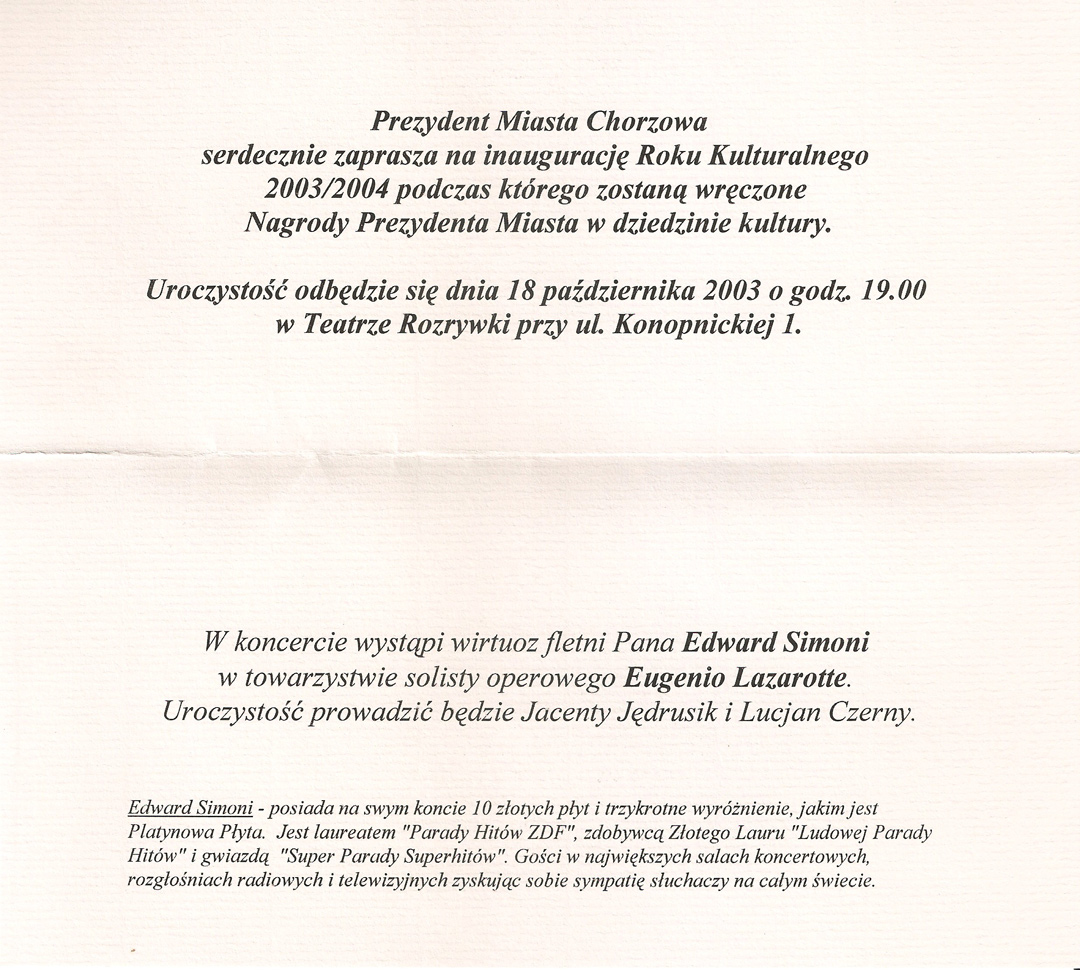 Zaproszenie Prezydenta Miasta Chorzów 2004
